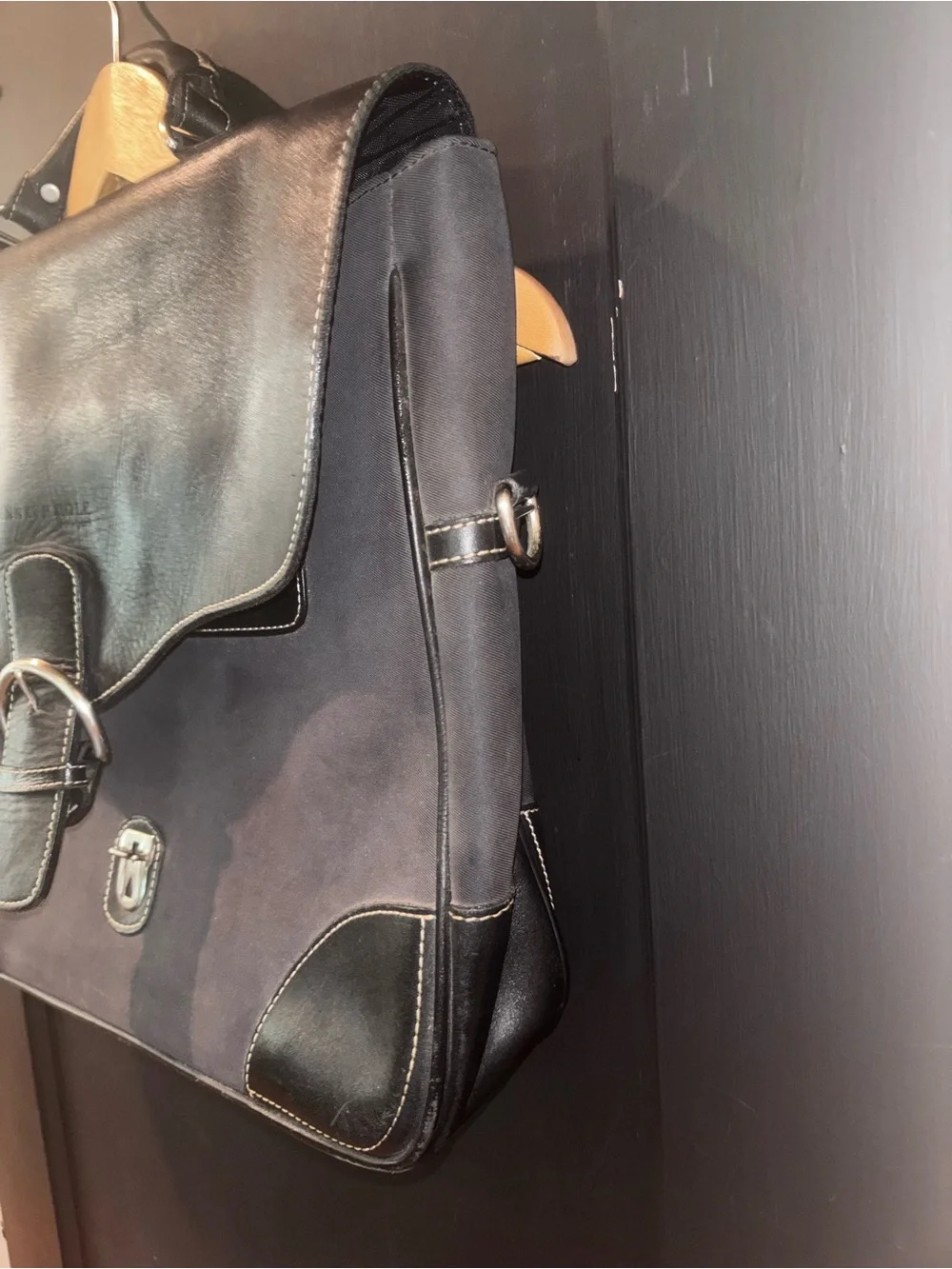 Kenneth Cole New York Black Leather Canvas Messenger Briefcase Bag Laptop